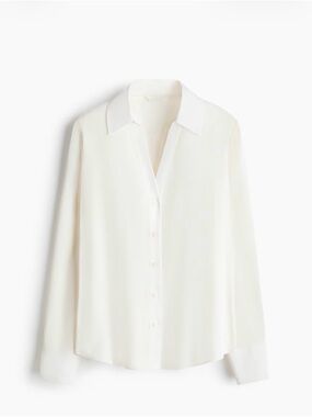 H&M Cream V-Neck Blouse Button-Down Long Sleeve Shirt